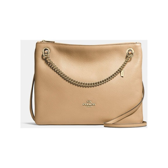 Coach gold chain Crossbody Bag long strap pebble convertible handbag purse tan - Picture 1 of 7